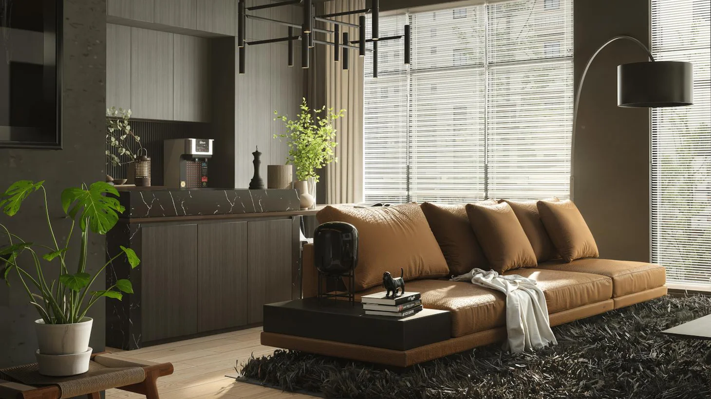 Bukit Timah Residence — living room with caramel sofa, monstera plant, and full-height glazing